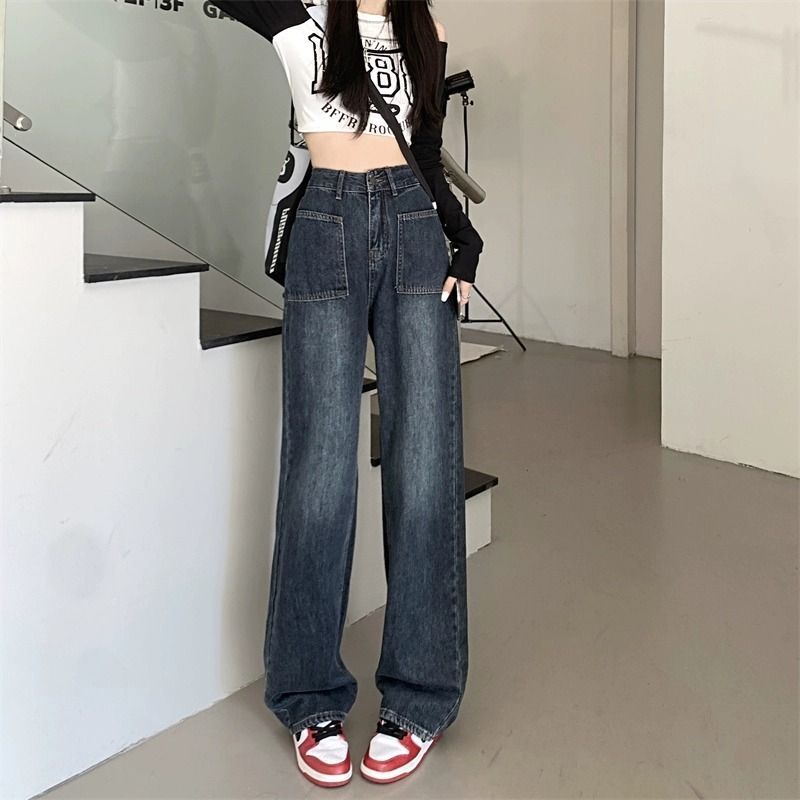加絨牛仔褲女秋冬季韓版2023新款高腰寬鬆顯瘦小個子直筒闊腿長褲