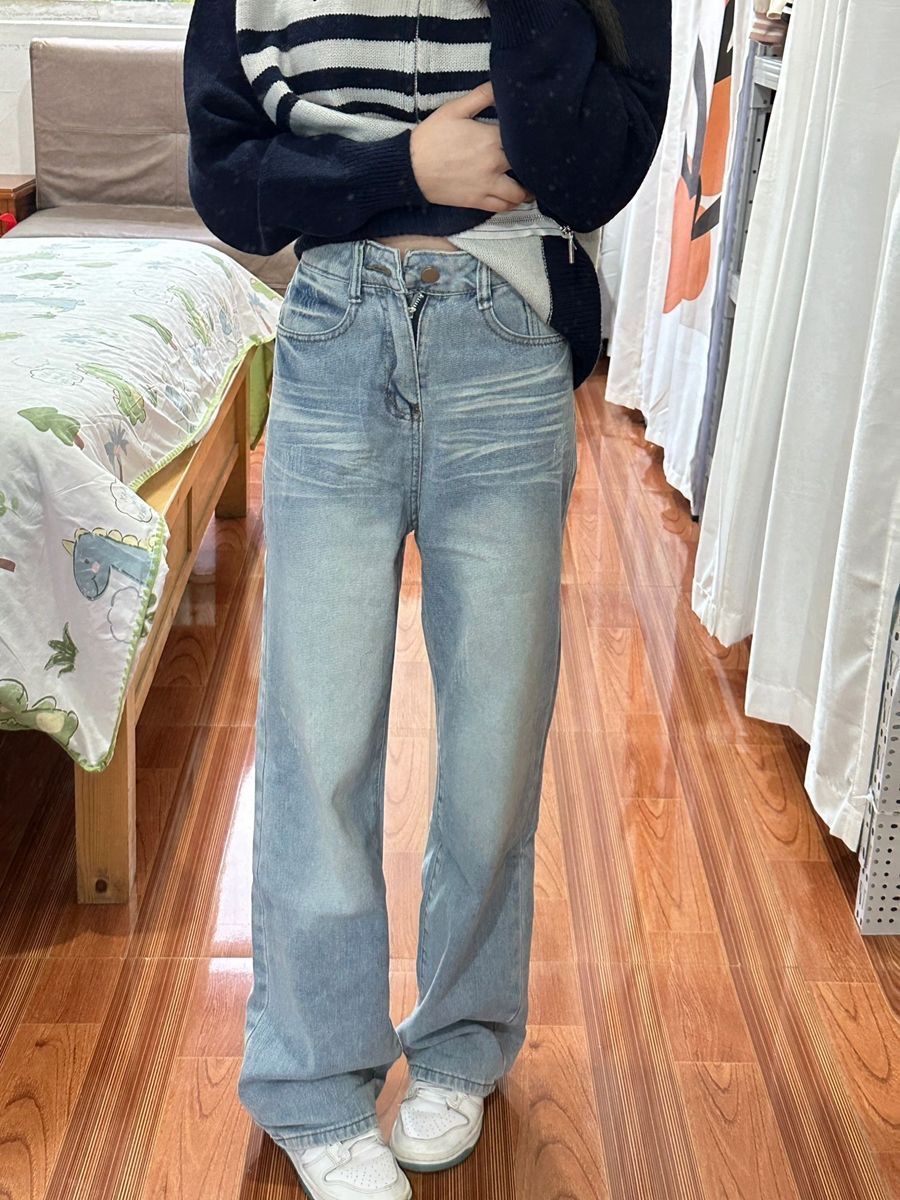 美式復古設計感水洗淺色直筒牛仔褲女高腰寬鬆顯瘦垂感闊腿長褲潮