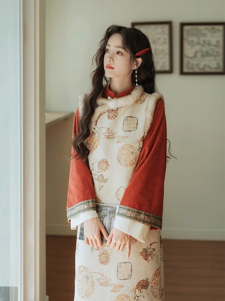 宮牆色 絕美氣質2023秋冬季旗袍馬甲新中式紅色連衣裙國風套裝女