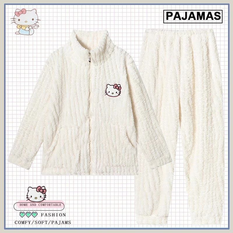 冬季珊瑚絨卡通hellokitty貓睡衣女加絨加厚甜美拉鏈可外穿家居服