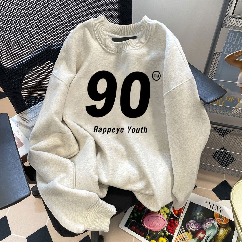 純棉美式復古字母oversize套頭秋冬圓領印花衛衣女寬鬆情侶上衣服
