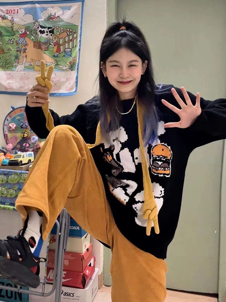MINETTE漢堡字母印花毛衣女美式寬鬆秋冬季新款圓領針織上衣