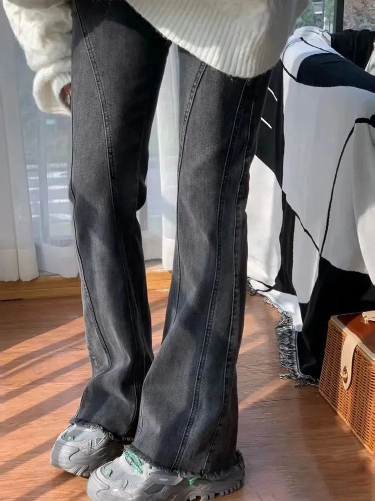 春秋新款黑灰色微喇叭牛仔褲女高腰顯瘦直筒百搭彈力馬蹄喇叭長褲