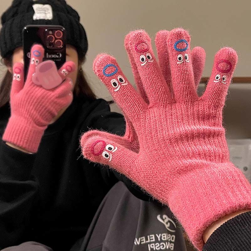 针织手套女冬季保暖可触屏毛线全指学生骑行搞怪可爱漏指玩手机