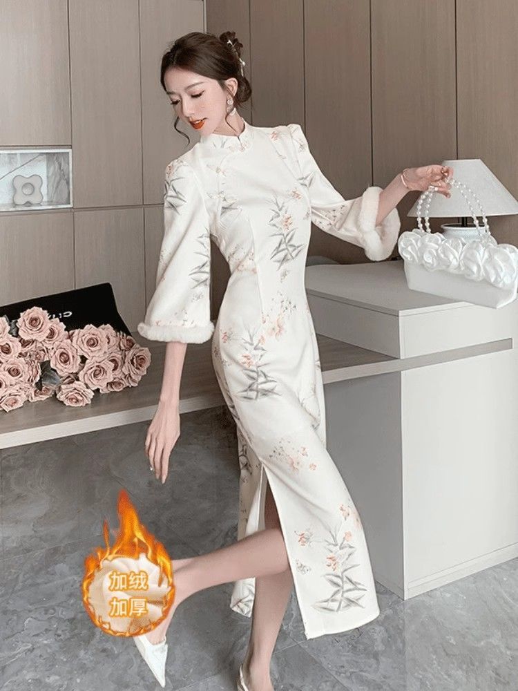 新中式改良旗袍裙女秋冬季國風年輕款少女氣質高端加絨加厚連衣裙