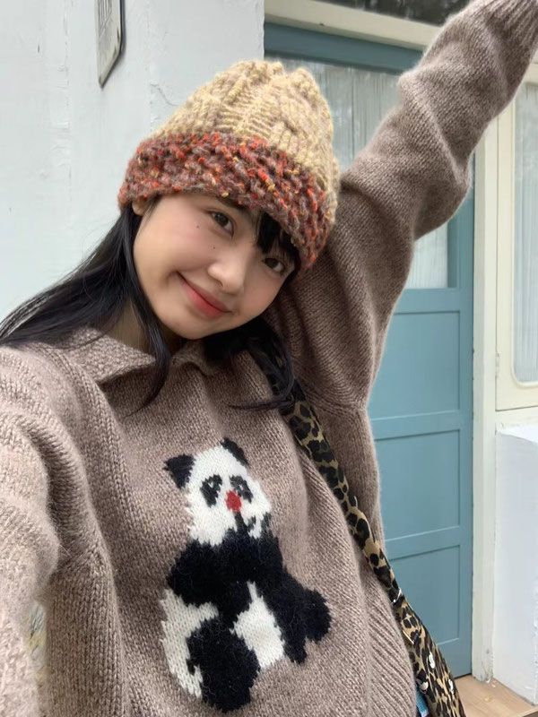 XJ家卡通熊貓提花毛針織衫女2023冬季新款時尚寬鬆百搭減齡毛衣潮