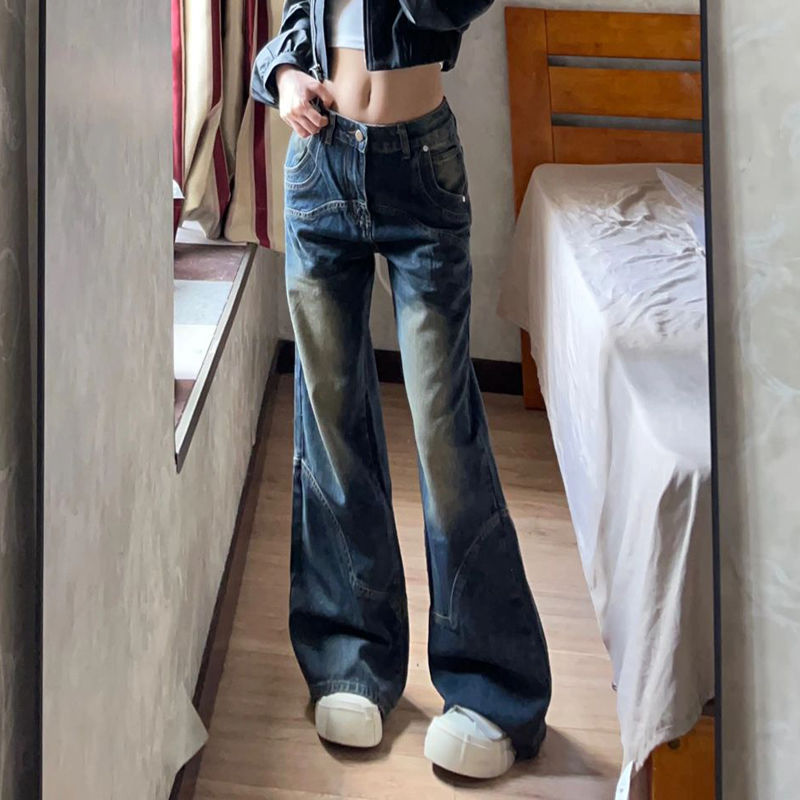 復古做舊牛仔褲女小個子高腰直筒微喇叭褲子寬鬆闊腿拖地長褲