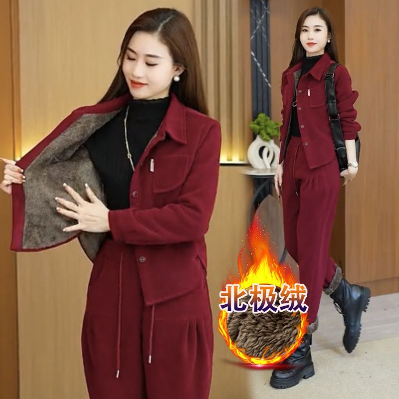 加絨爆款時尚套裝女士加厚歐棉絨外套2023秋冬新款寬鬆休閒兩件套