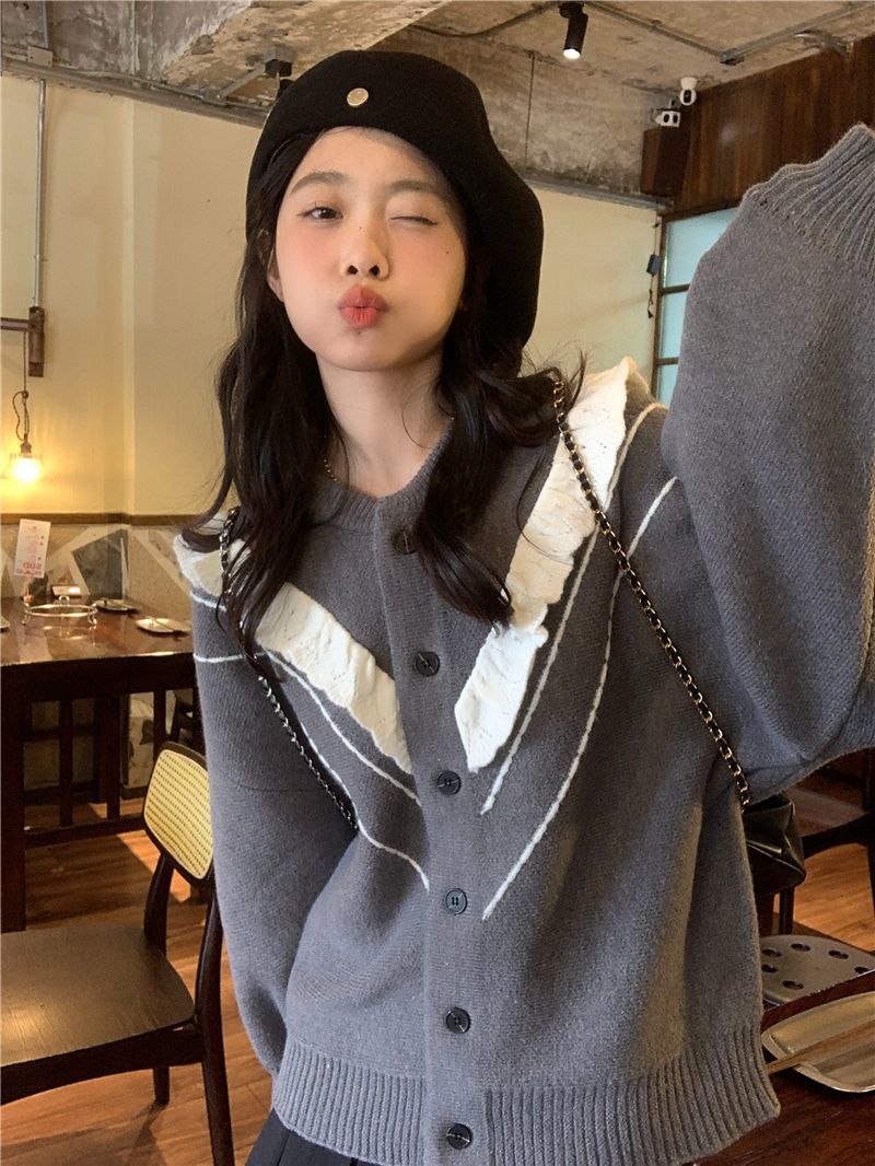 外套女秋冬甜美風毛衣外套可愛2023新款厚實寬鬆氛圍感氣質開衫女