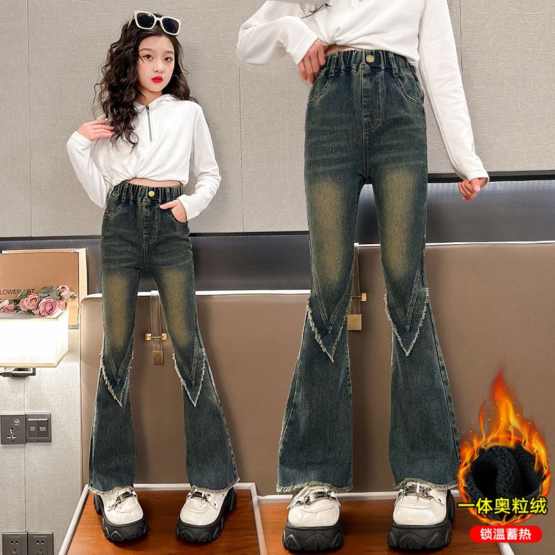 女童加绒弹力牛仔裤新款韩版洋气秋装儿童洋气中大儿童长裤