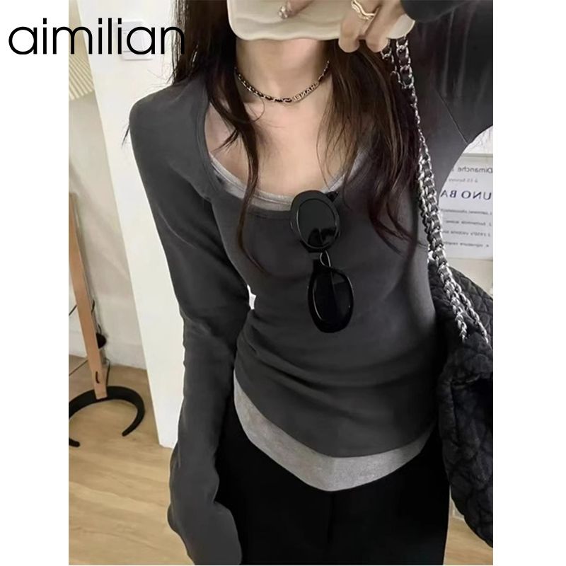 aimilian假兩件打底衫女春秋冬內搭修身顯瘦長袖t恤正肩短款上衣