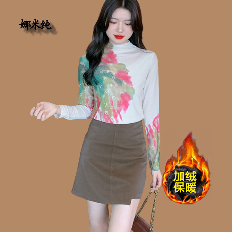 半高領網紗加絨打底衫女裝冬季內搭洋氣修身上衣時尚燙鑽印花小衫