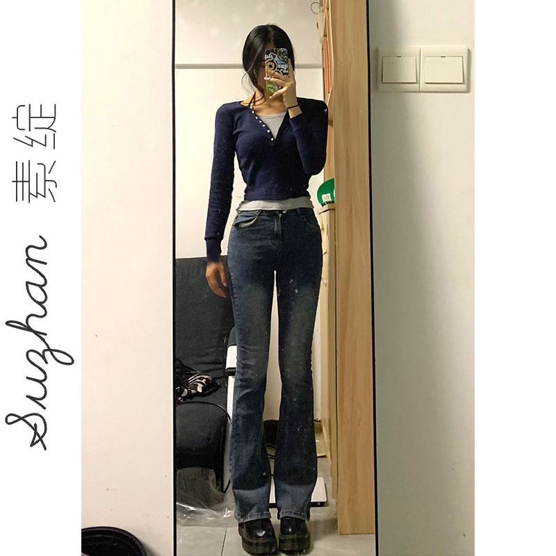 秋冬V領假兩件長袖t恤女百搭修身小眾內搭潮牌純欲掛脖小個子上衣