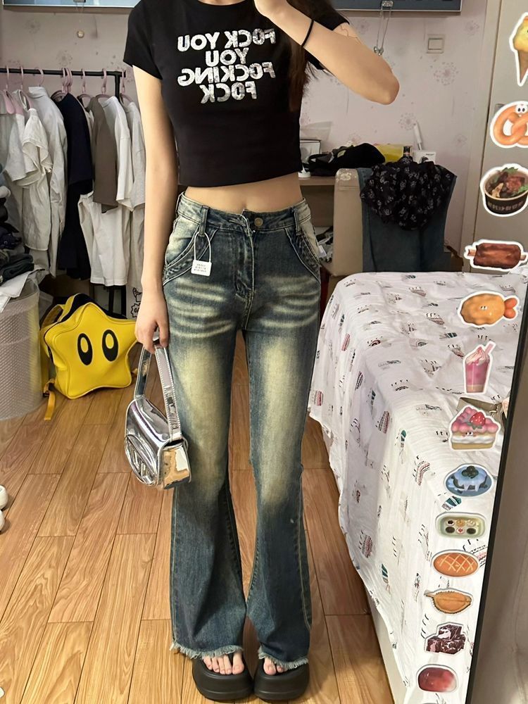 美式復古高腰微喇叭牛仔褲女秋季小眾設計感毛邊修身顯瘦直筒褲潮