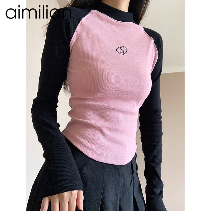 aimilian美式辣妹正肩長袖t恤女秋冬修身顯瘦打底衫內搭短款上衣