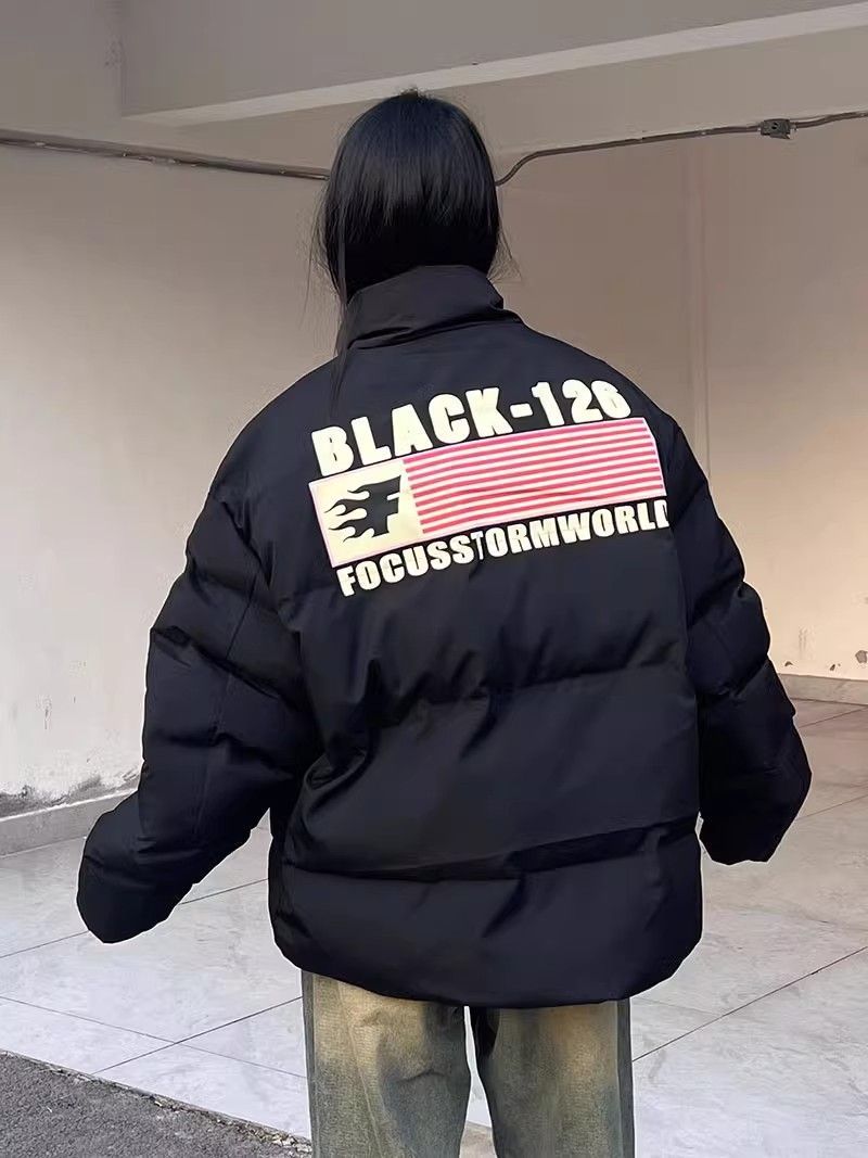 國潮美式復古旗幟印花麵包服棉服男女新款加厚寬鬆棉襖棉衣外套潮