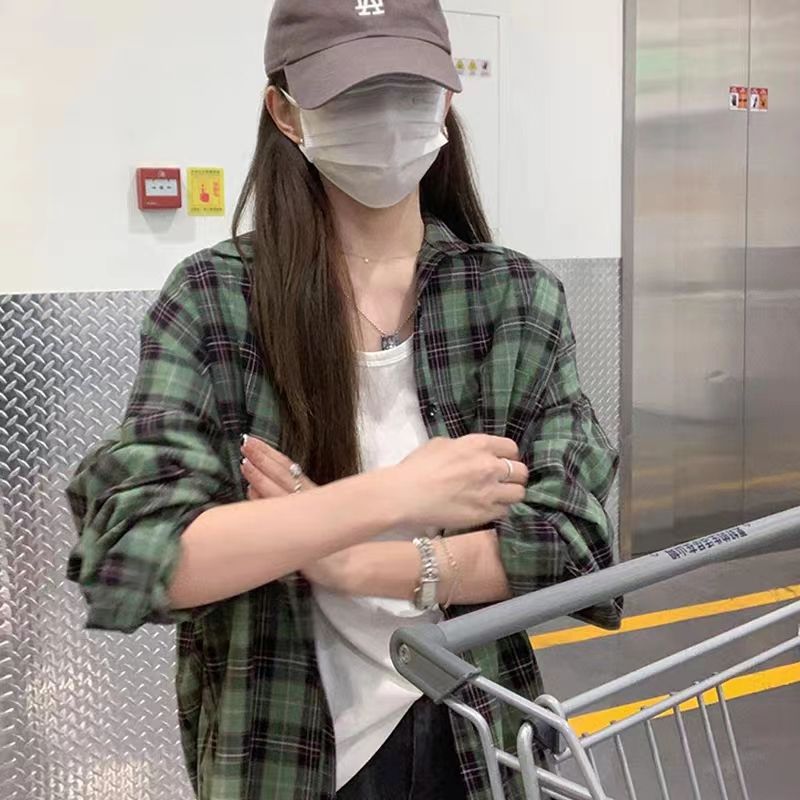 CONGRAZIO綠色格子襯衫女長袖夏季韓版poLo領休閒百搭上衣外套女