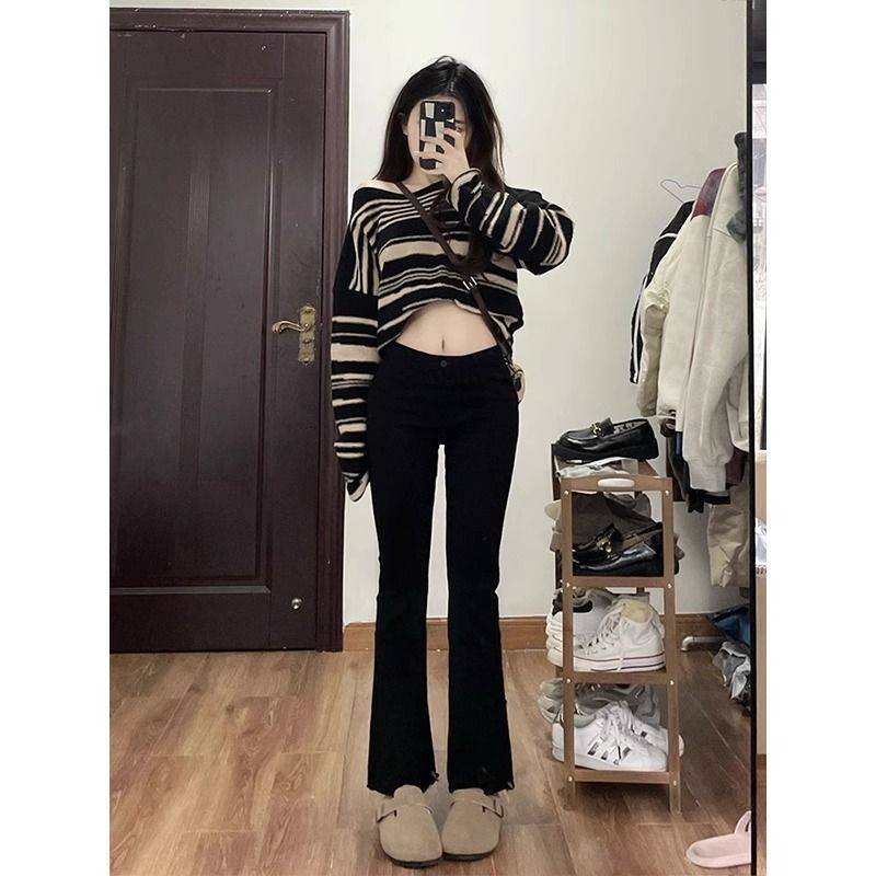 適合梨形身材遮胯顯瘦微喇牛仔褲女黑色學生闊腿喇叭褲女穿搭褲子