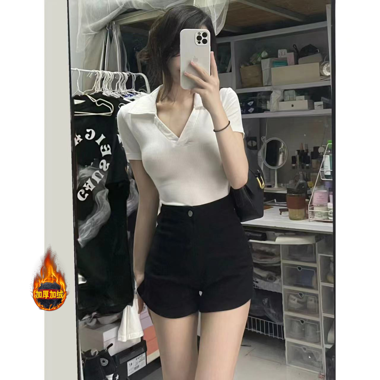 黑色直筒牛仔短褲女修身顯瘦加絨加厚美式韓版水洗熱褲包臀辣妹潮