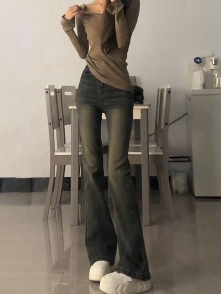 辣妹高腰微喇叭牛仔褲女秋冬季新款復古修身彈力顯瘦直筒馬蹄褲子