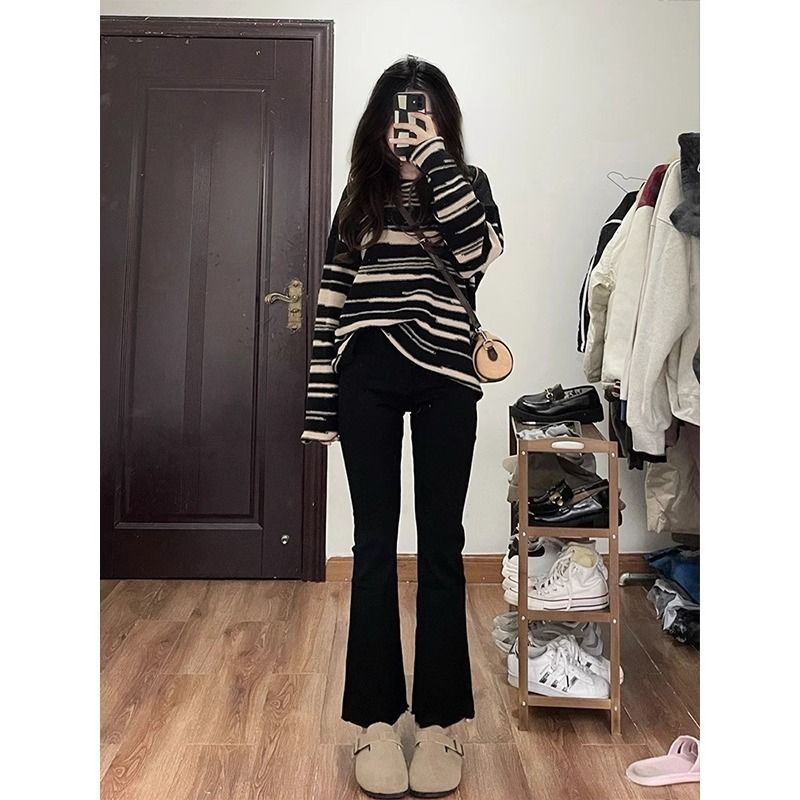 黑色喇叭褲女高腰顯瘦秋冬百搭彈力2023新款彈力九分褲修身長褲子