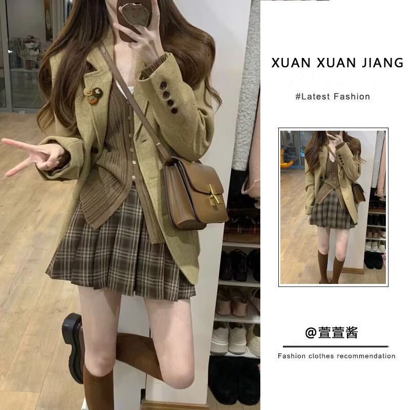 三件套裝女冬新款學院風西裝毛呢外套長袖針織上衣高腰顯瘦半身裙
