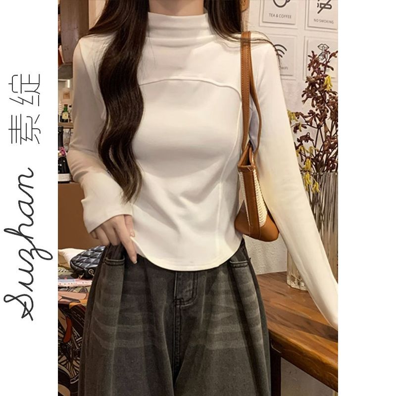 韓版半高領長袖T恤女秋冬內搭保暖德絨加絨洋氣百搭修身顯瘦上衣