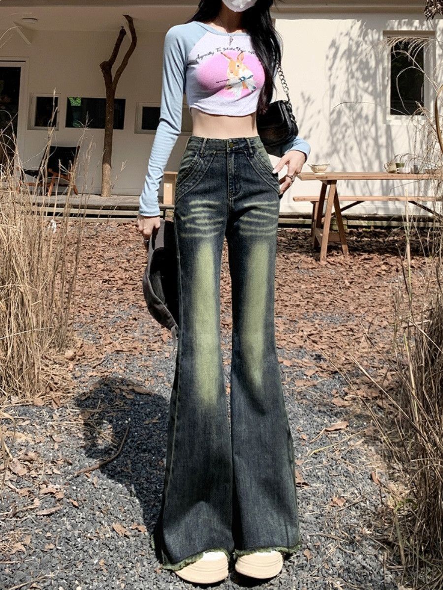 復古辣妹毛邊微喇牛仔褲女秋冬款高腰修身顯瘦韓系純欲拖地喇叭褲