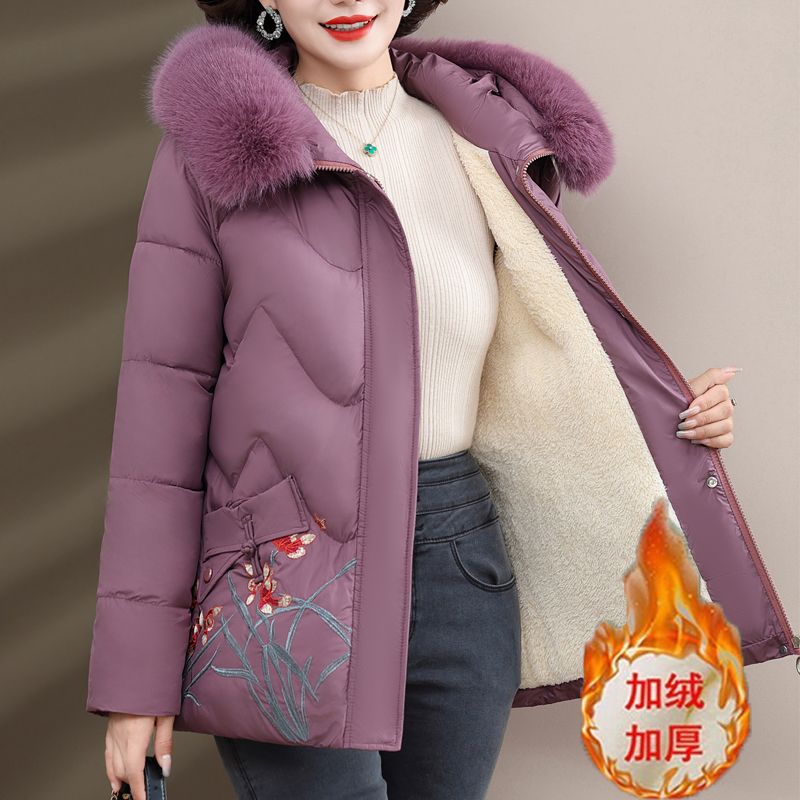 中老年媽媽冬裝加絨羽絨棉服加厚棉衣新款中長款外套洋氣女裝棉襖