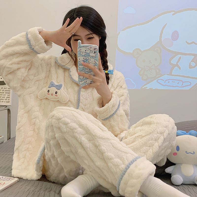 ins風 珊瑚絨睡衣女冬天開衫加絨加厚保暖法蘭絨秋冬季高級家居服