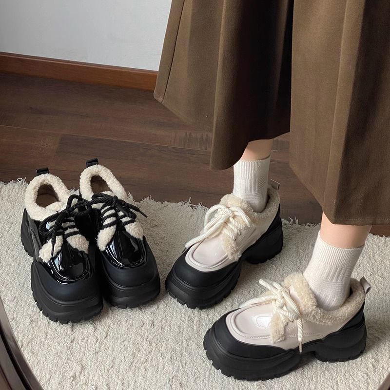 厚底小皮鞋女冬2023年新款小個子松糕增高鞋百搭系帶加絨保暖單鞋