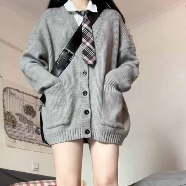 Gray sweater cardigan coat for women spring and autumn 2023 new small autumn and winter lazy style long-sleeved sweater