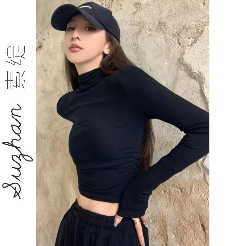 時髦氣質港味半高領打底衫長袖T恤女秋季修身短款褶皺辣妹上衣ins