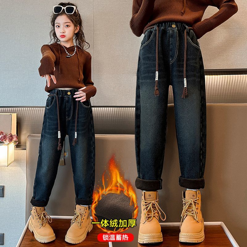 女童加絨褲子外穿秋冬款時髦加厚兒童冬季中大童寬鬆一體絨牛仔褲