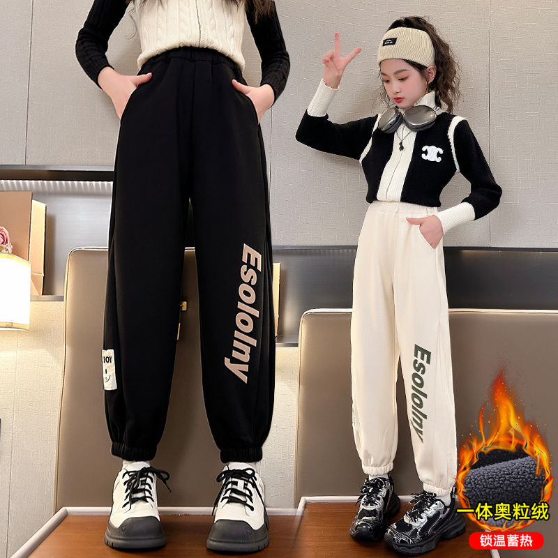 女童加絨褲子冬季2023新款外穿束腳休閒中大兒童裝加厚運動長衛褲