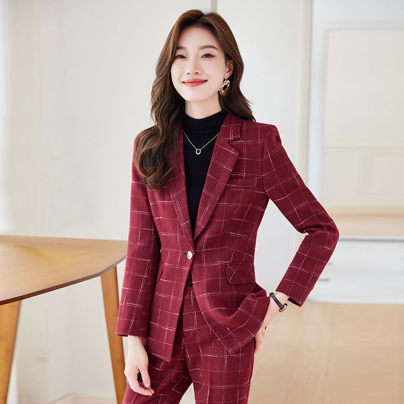 高級感格子西裝外套女兩件套秋冬2023新款職業正裝英倫風西服套裝