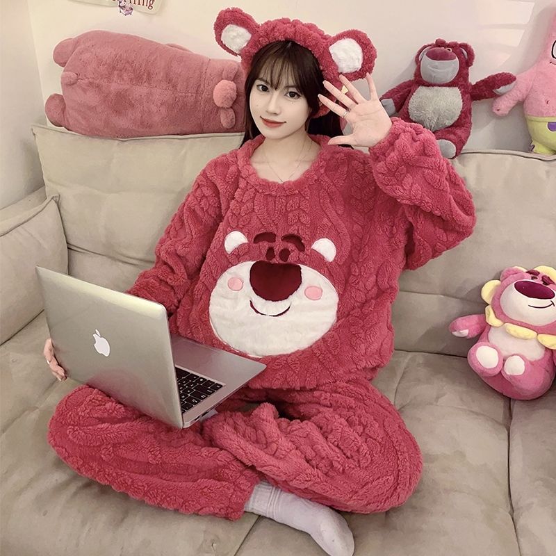 珊瑚絨睡衣女秋冬季新款加厚加絨保暖冬款法蘭絨草莓熊家居服套裝