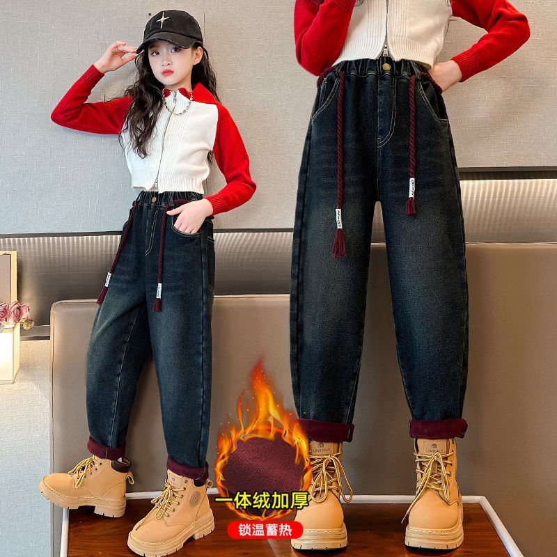 女童加絨牛仔褲秋冬2023新款時髦百搭外穿兒童冬季寬鬆一體絨褲子