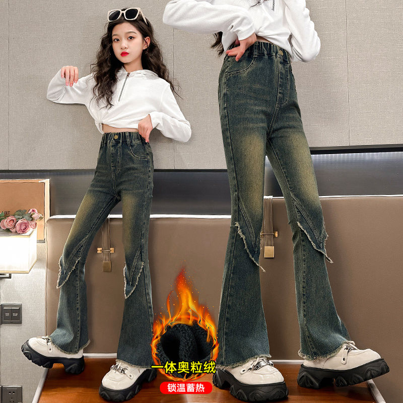 女童加绒弹力牛仔裤新款韩版洋气秋装儿童洋气中大儿童长裤