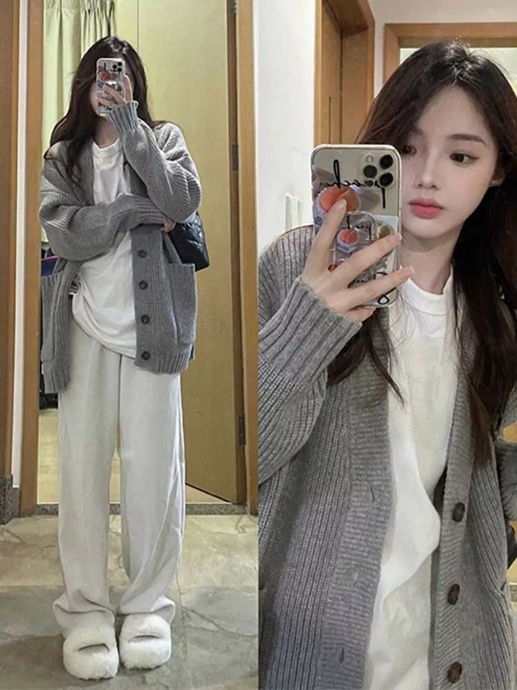 Autumn and winter new college style sweater cardigan for female students Korean style loose V-neck all-match solid color knitted jacket cardigan
