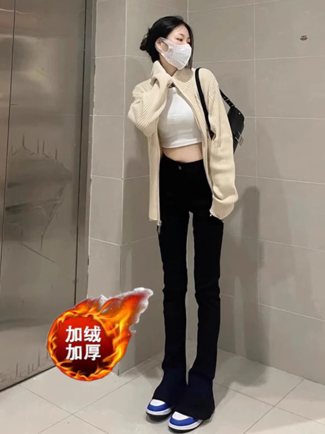 黑色高腰微喇牛仔褲女加絨加厚2023秋冬季彈力顯瘦馬蹄高街拖地褲