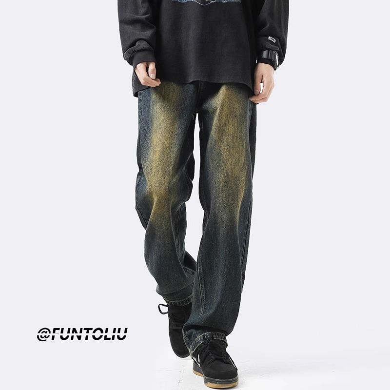 Retro jeans men's autumn American fashion brand loose yellow mud-dyed straight pants washed and distressed versatile wide-leg trousers