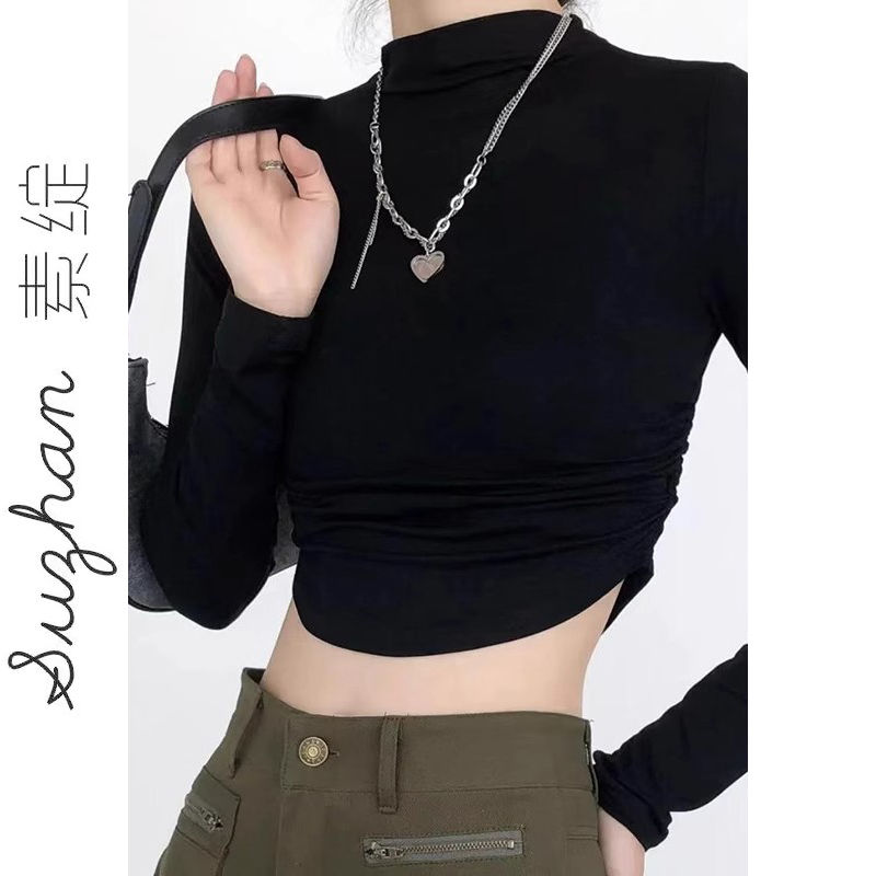 法式半高領打底衫女秋季長袖T恤修身高級感氣質辣妹露臍上衣短款
