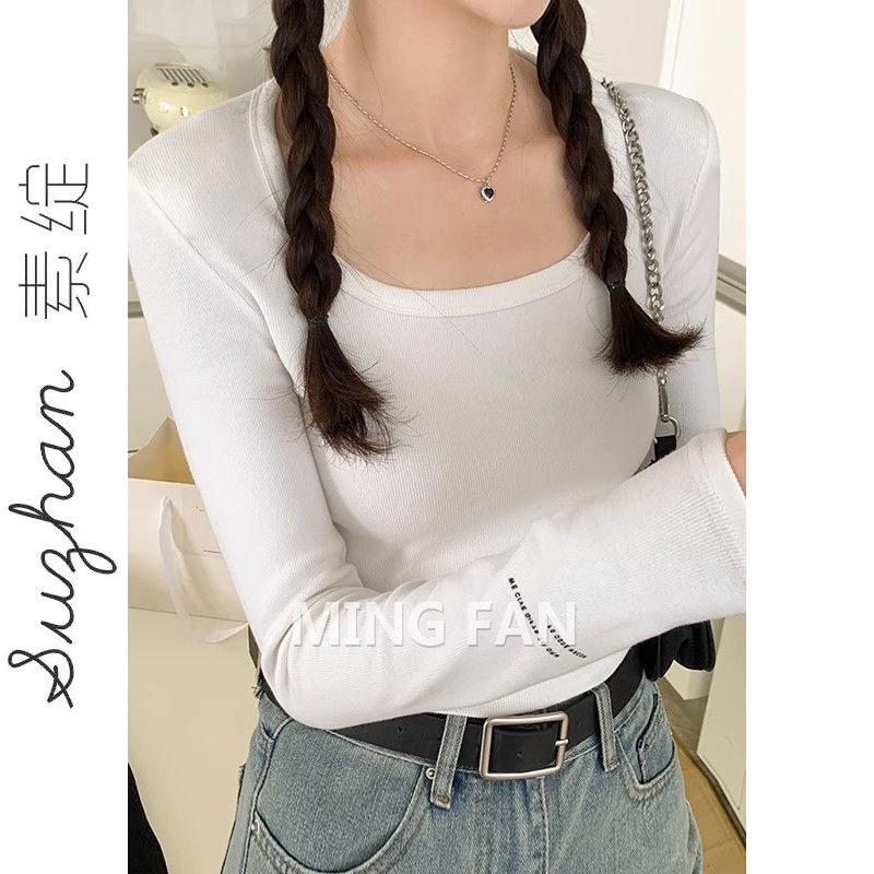 德絨磨毛正肩方領長袖t恤女秋冬內搭修身氣質減齡短款保暖上衣ins