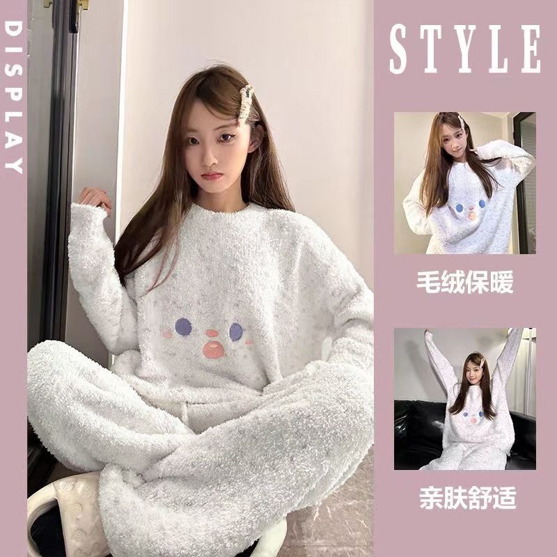 可愛少女睡衣2023年新款半邊絨小香風加厚珊瑚絨家居服套裝可外穿