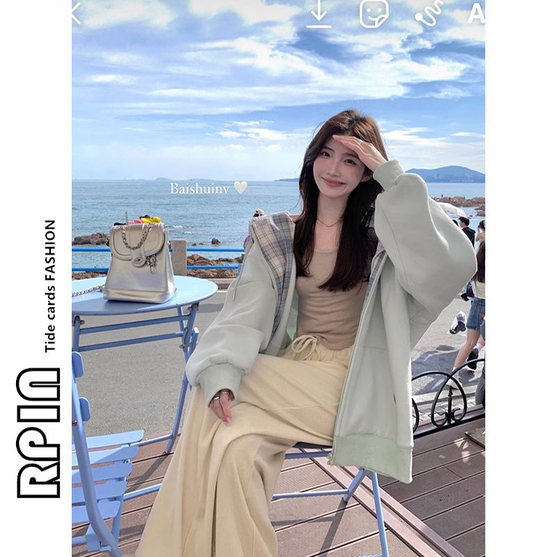 RPIN Large Size Fat mm2-300 Jin Velvet Zipper Sweater Jacket Women's Autumn and Winter Korean Style Lazy Style Hooded Top