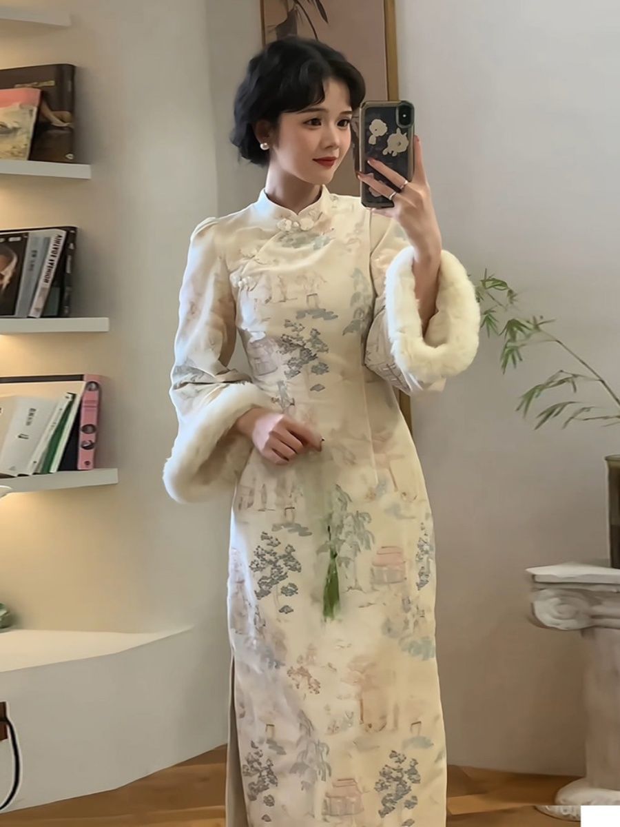 新中式國風改良旗袍連衣裙秋冬2023新款保暖加厚毛邊印花日常裝