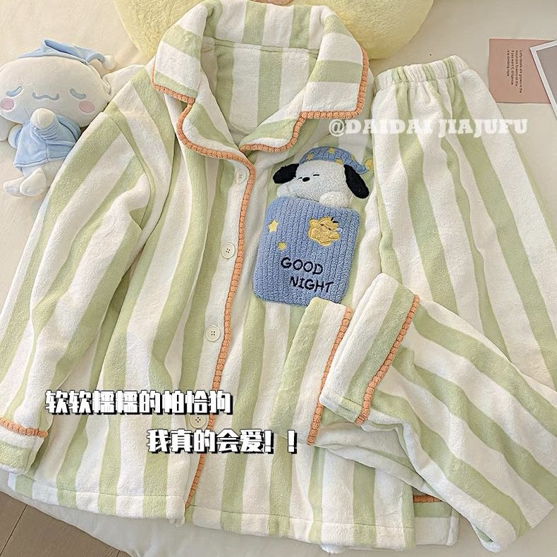 睡衣女秋冬季新款加絨加厚珊瑚絨學生ins卡通家居服保暖套裝冬天