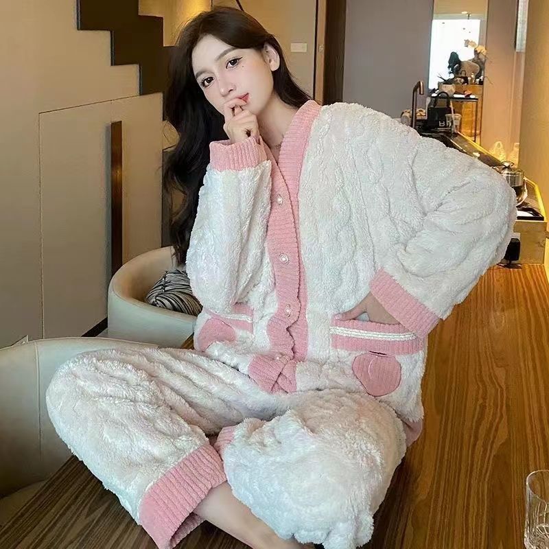 睡衣女冬天長袖寬鬆珊瑚絨卡通可愛保暖法蘭絨加厚加絨套裝家居服