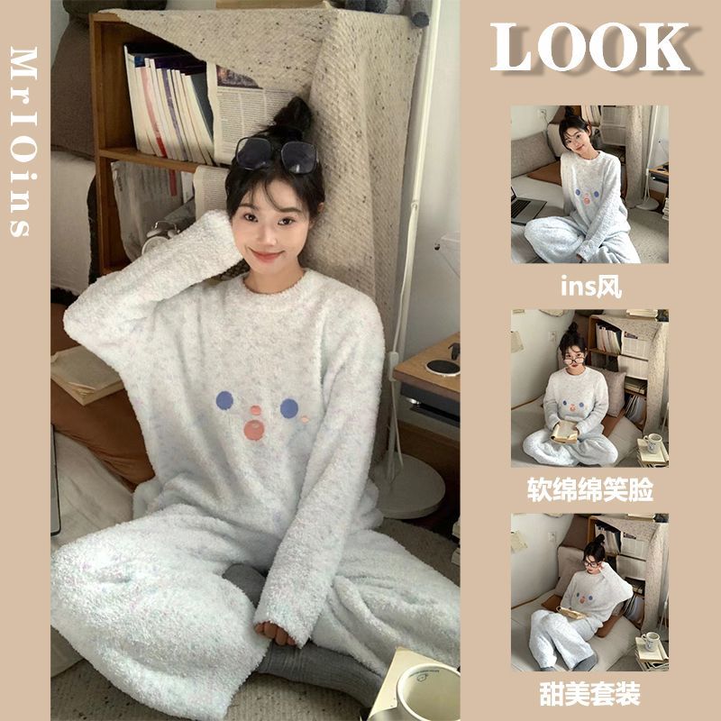 珊瑚絨睡衣女冬季2023年新款加厚加絨保暖軟綿綿半邊絨家居服套裝